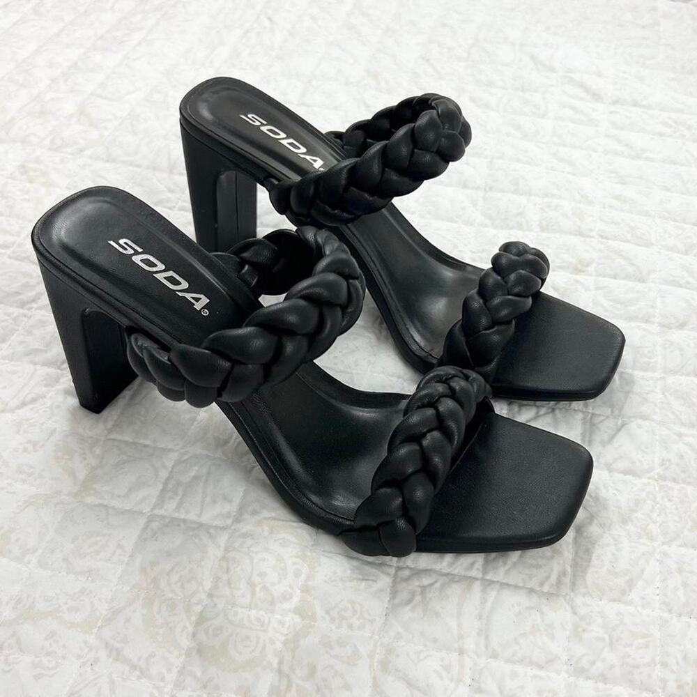 Soda Black Faux Leather Braided Heel Sandals